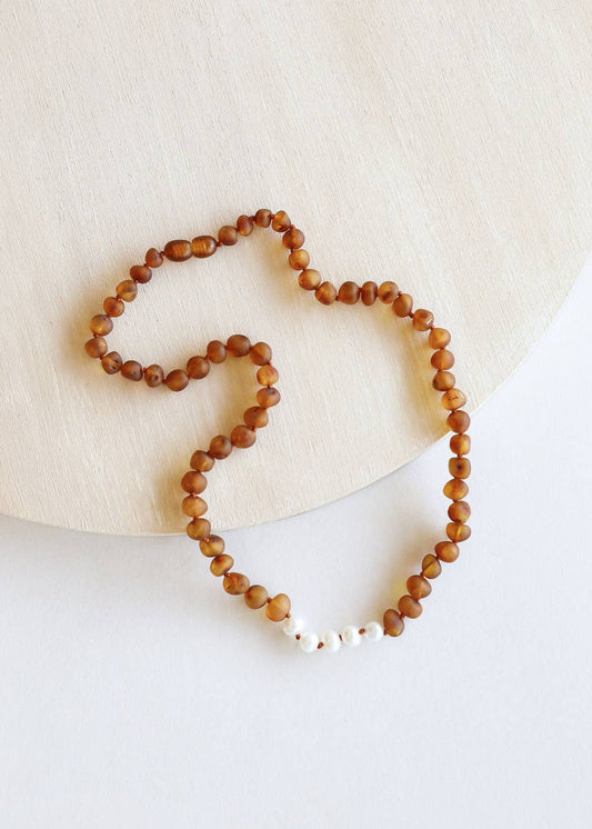 raw cognac amber + pearl necklace