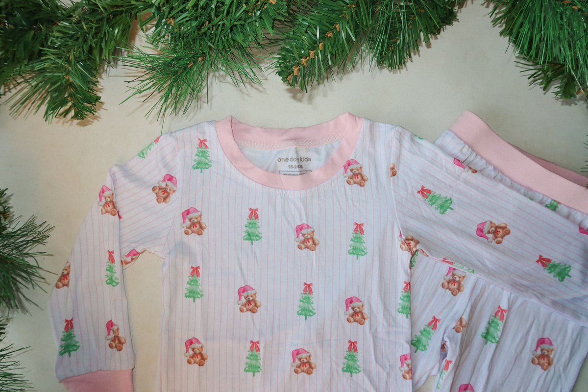 PINK PINSTRIPE BEAR BAMBOO PAJAMA SET