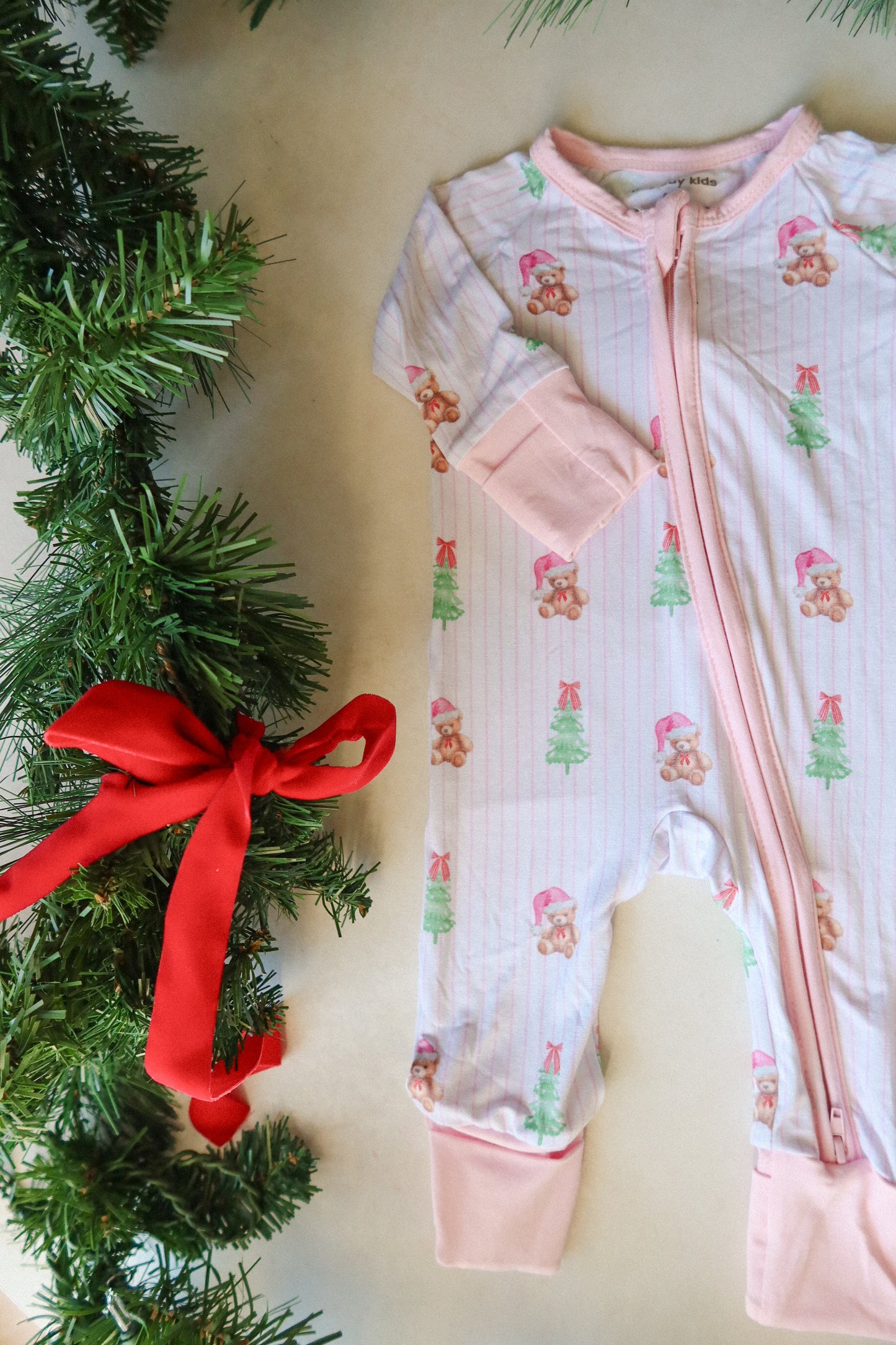 bear christmas bamboo rompee - pink