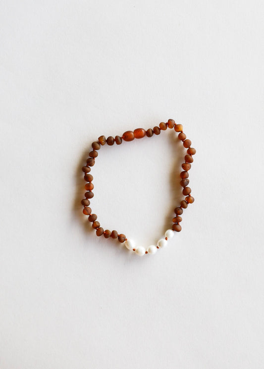 raw cognac amber + pearl necklace: kids