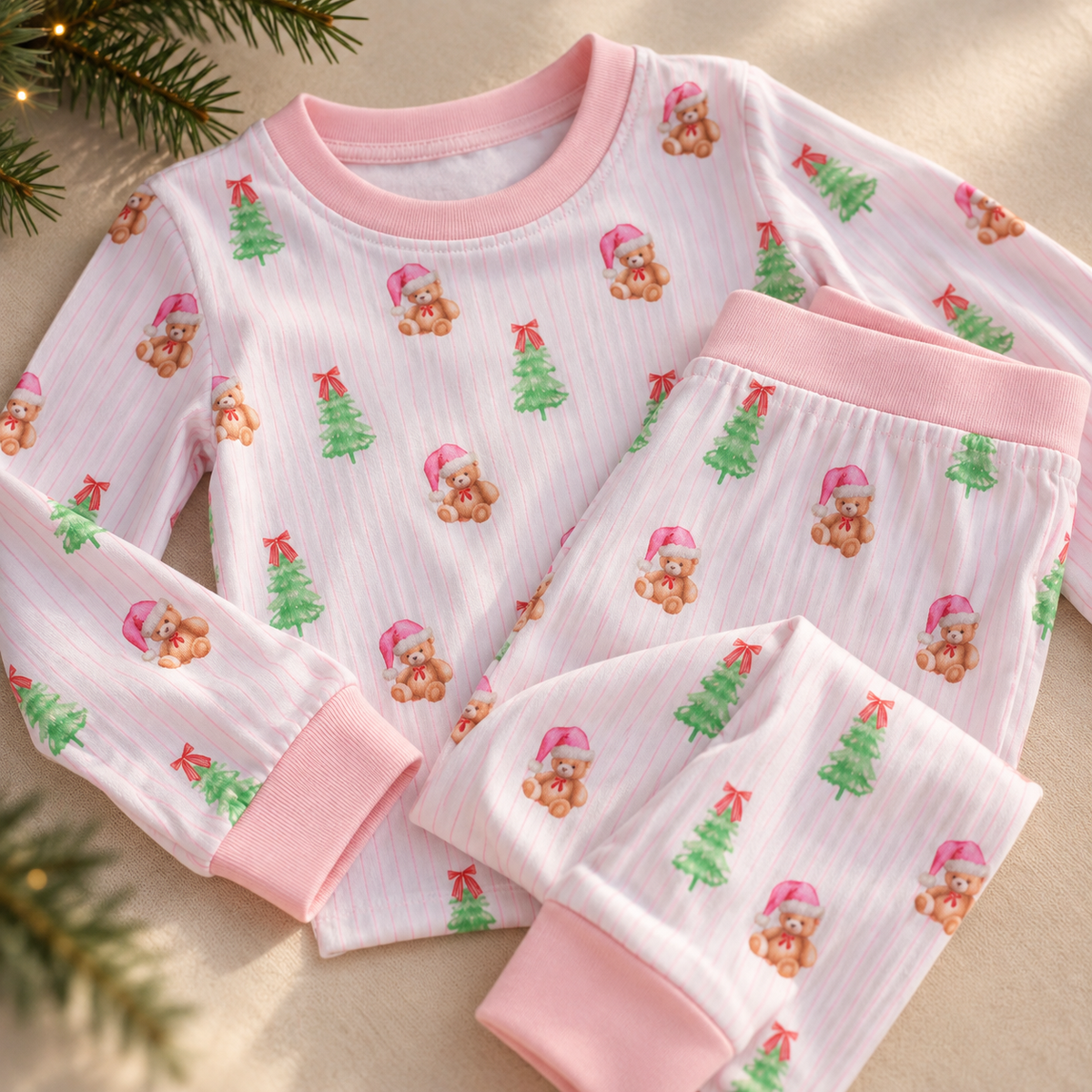 PINK PINSTRIPE BEAR BAMBOO PAJAMA SET
