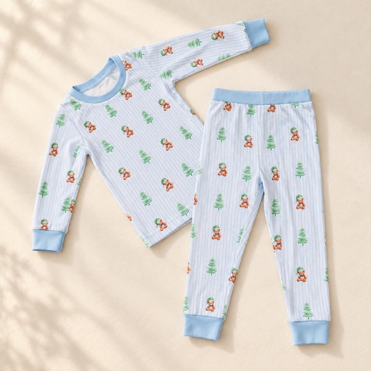 BLUE PINSTRIPE BEAR BAMBOO PAJAMA SET