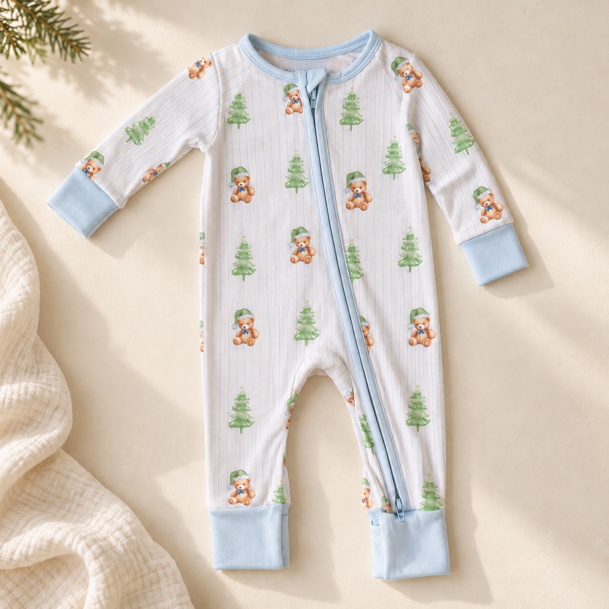 BLUE PINSTRIPE BEAR BAMBOO FOOTIE