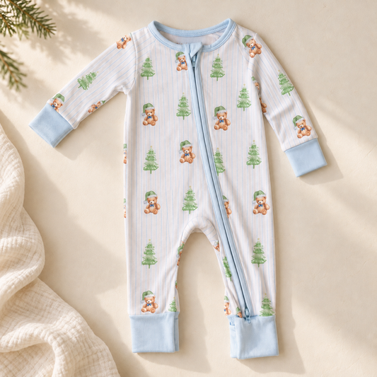 BLUE PINSTRIPE BEAR BAMBOO FOOTIE